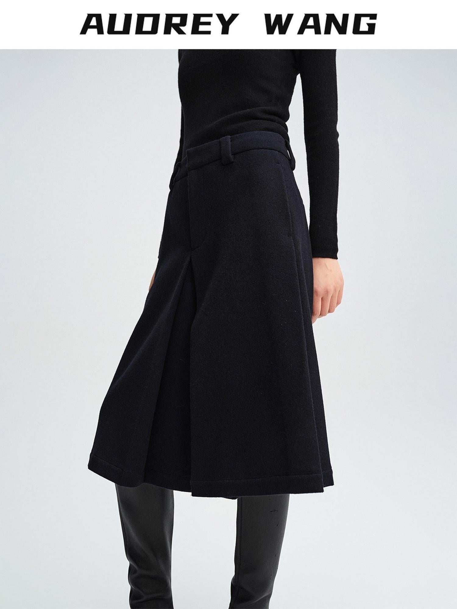audreyyang Pure Wool Casual Loose Natural Waist Zipper Women Black Mid-Length Shorts