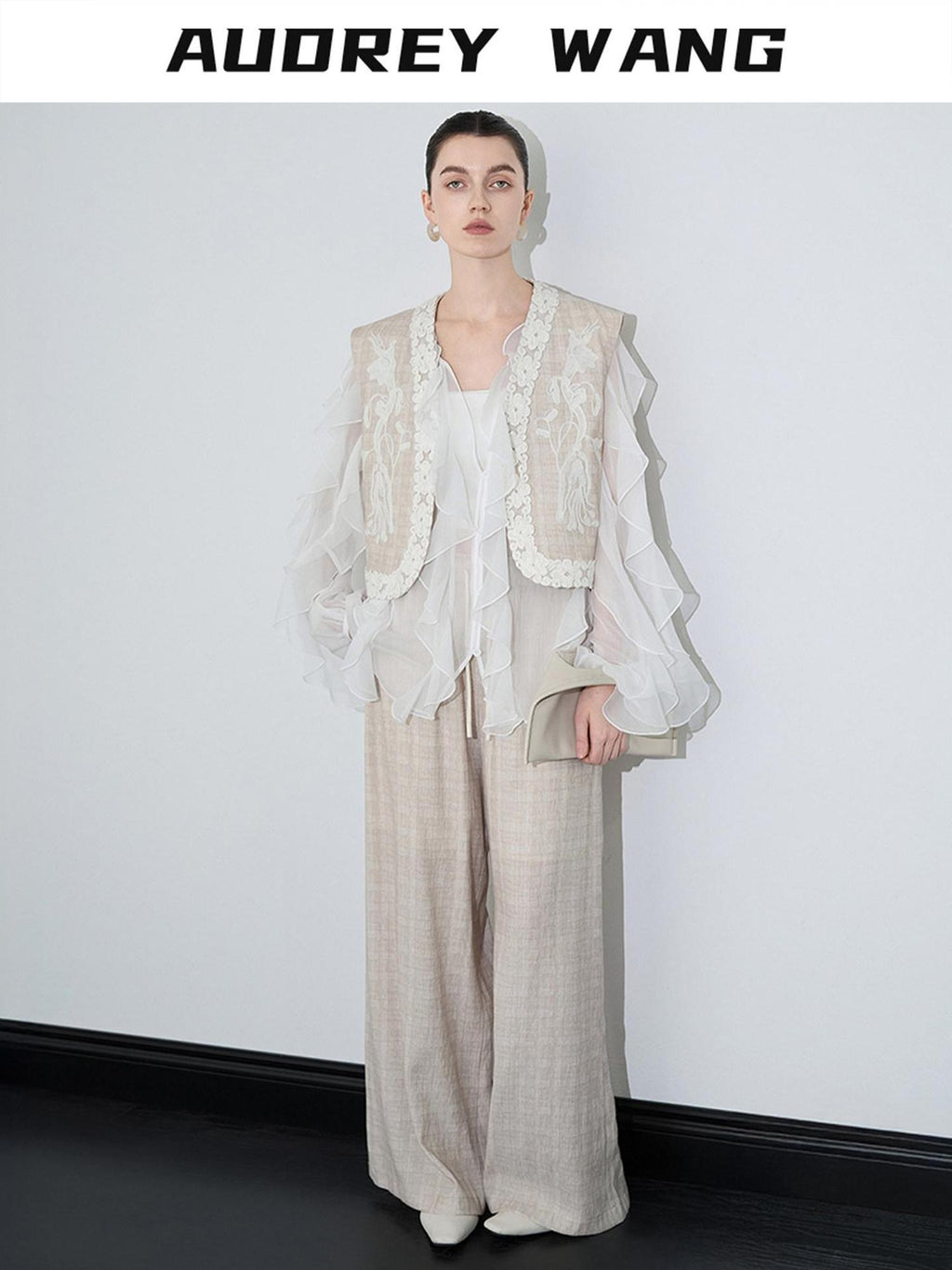 audreyyang Linen Blend V-neck Vest Trousers Solid Minimal Original Design Top & Pants Sets