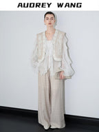 audreyyang Linen Blend V-neck Vest Trousers Solid Minimal Original Design Top & Pants Sets