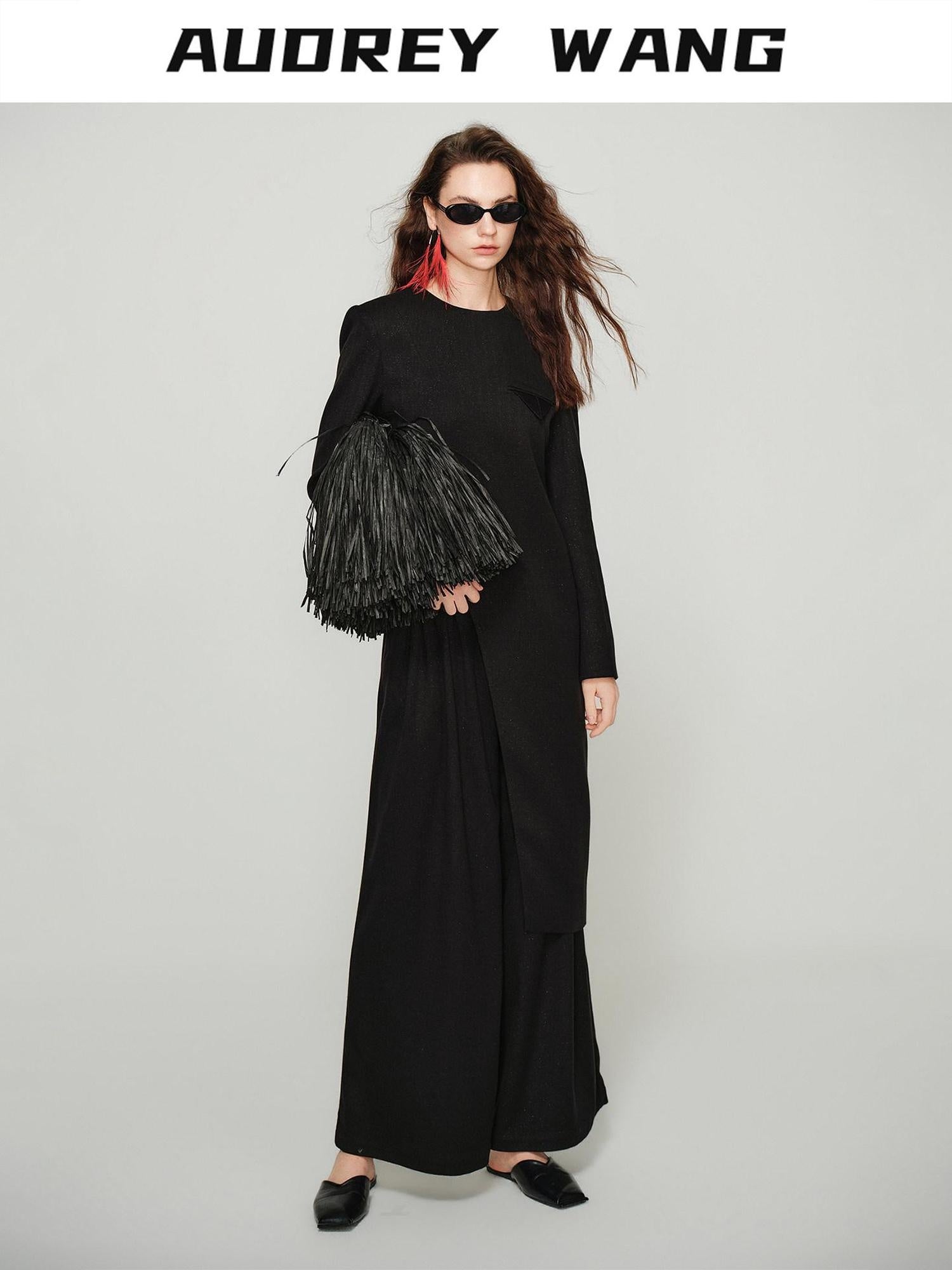 audreyyang Elegant Slim Waist Poly Blend Round Neck Midlength Pullover Black Long Coats