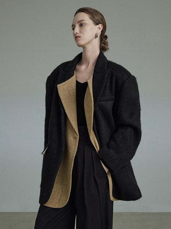 unspoken Original Thick Loose Fit Single Breasted Commuter Women Mustard Black Blazers