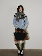 Lofi choose Soft Wool Blend Loose Fit Commuter Crewneck Pullover Blue Knit Tops Sweaters