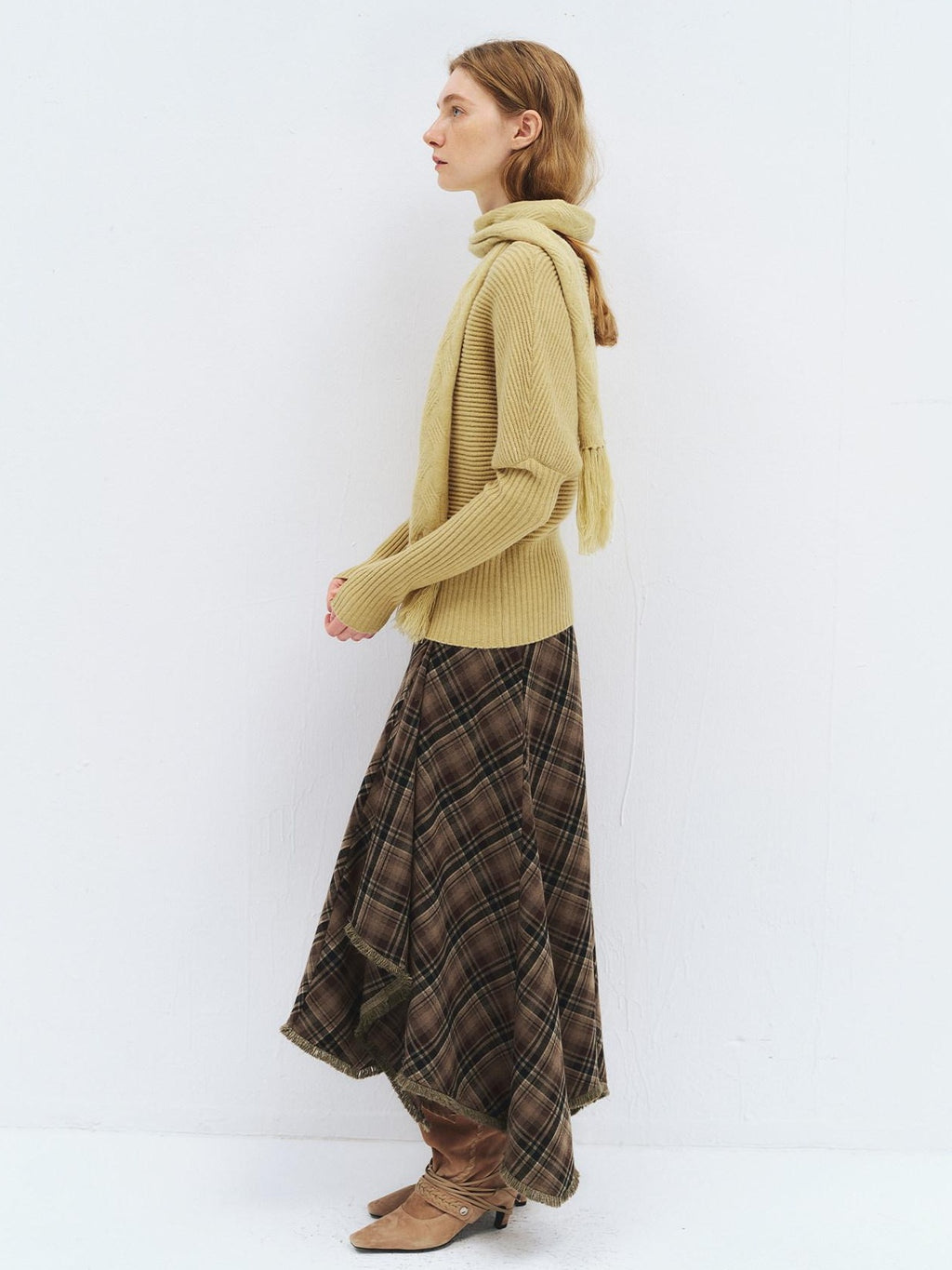 someonesometimes High Waist Vintage Irregular Hem Loose Fit Olive Check Casual Women Maxi Skirts
