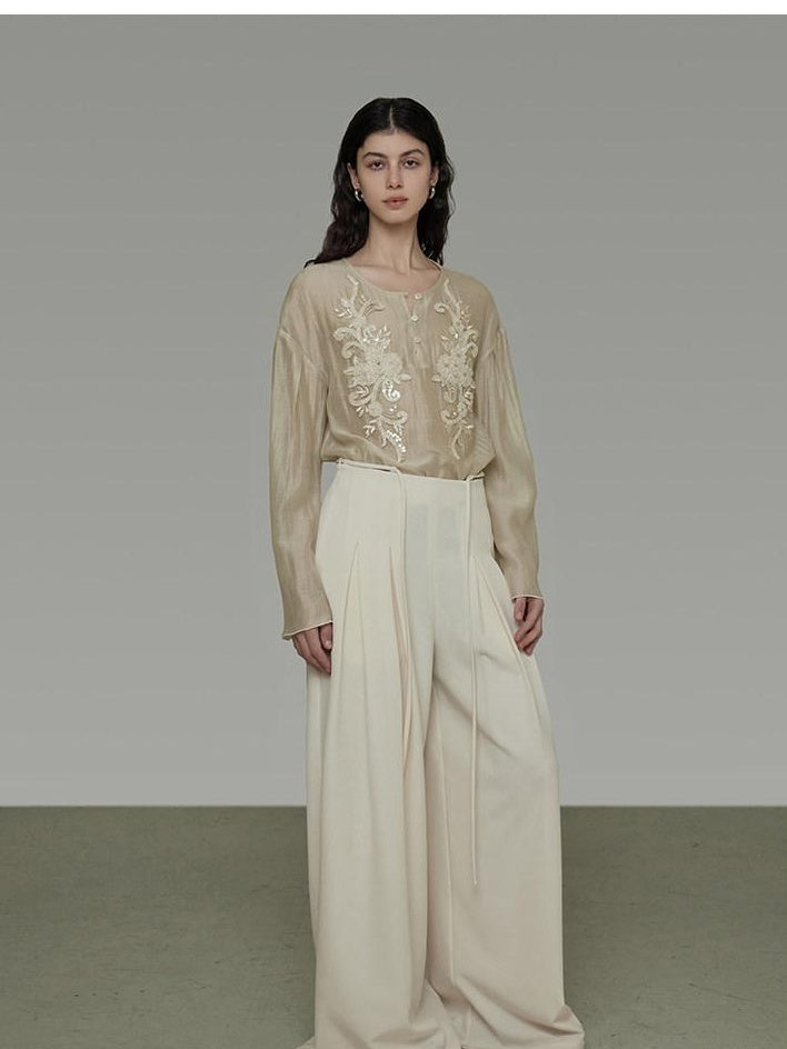 unspoken Breathable Lyocell Embroidered Vintage Loose Round Neck Women Almond Blouses
