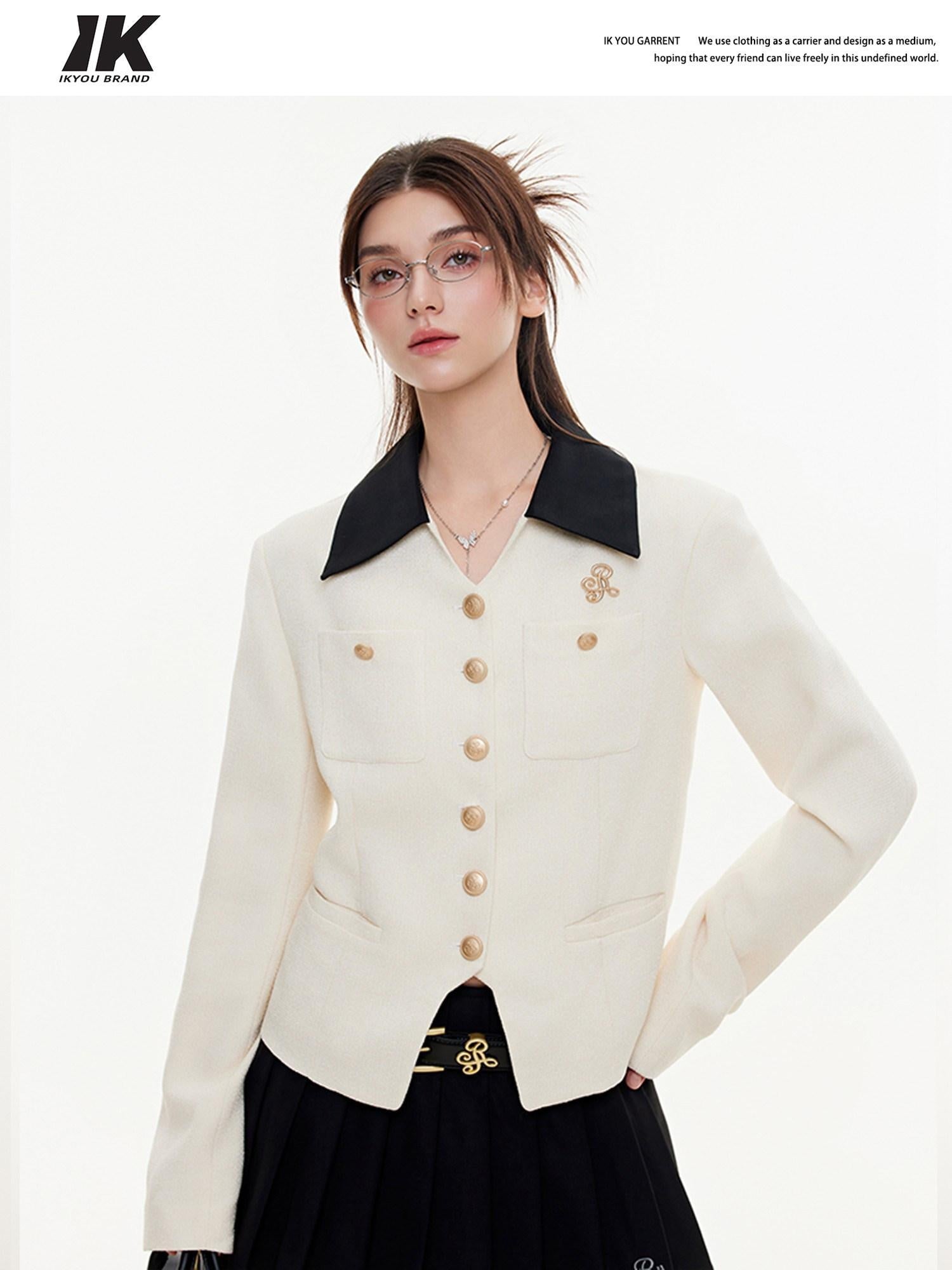ikyou Office Slim Fit White Lapel Button Multi Pocket Women Cropped Jackets