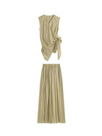 unspoken V-neck Khaki Two Piece Slim Fit Casual Office Women Long Pants Top & Pants Sets