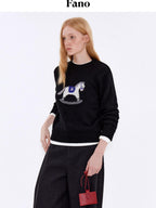 fano Cozy Acrylic Wool Blend Loose Pullover Crewneck Cute Animal Black Sweaters