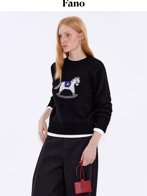 fano Cozy Acrylic Wool Blend Loose Pullover Crewneck Cute Animal Black Sweaters