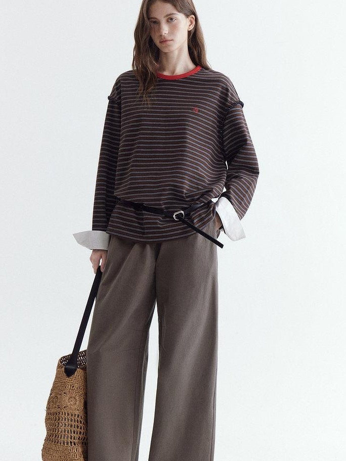 fano Comfort Cotton Stretch Striped Korean Loose Fit Women Long Sleeve T-Shirts