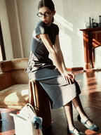 fano Soft Cotton Knit High Waist A Line Button Mock Neck Midi Dresses