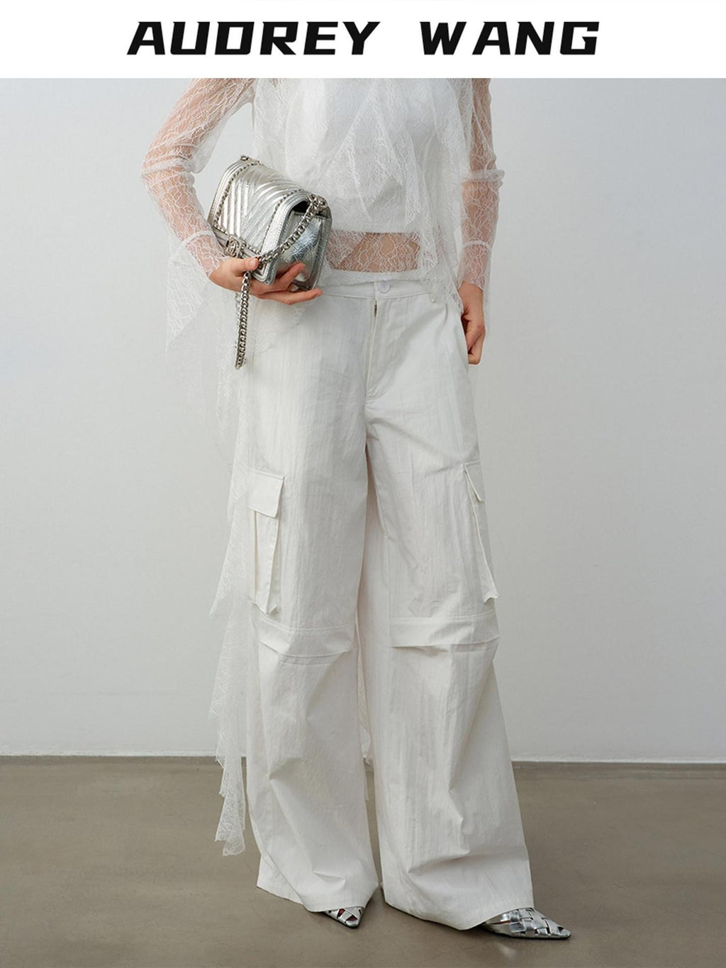audreyyang Natural Waist Cotton Nylon Blend Loose Office Women White Straight Pants
