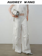 audreyyang Natural Waist Cotton Nylon Blend Loose Office Women White Straight Pants