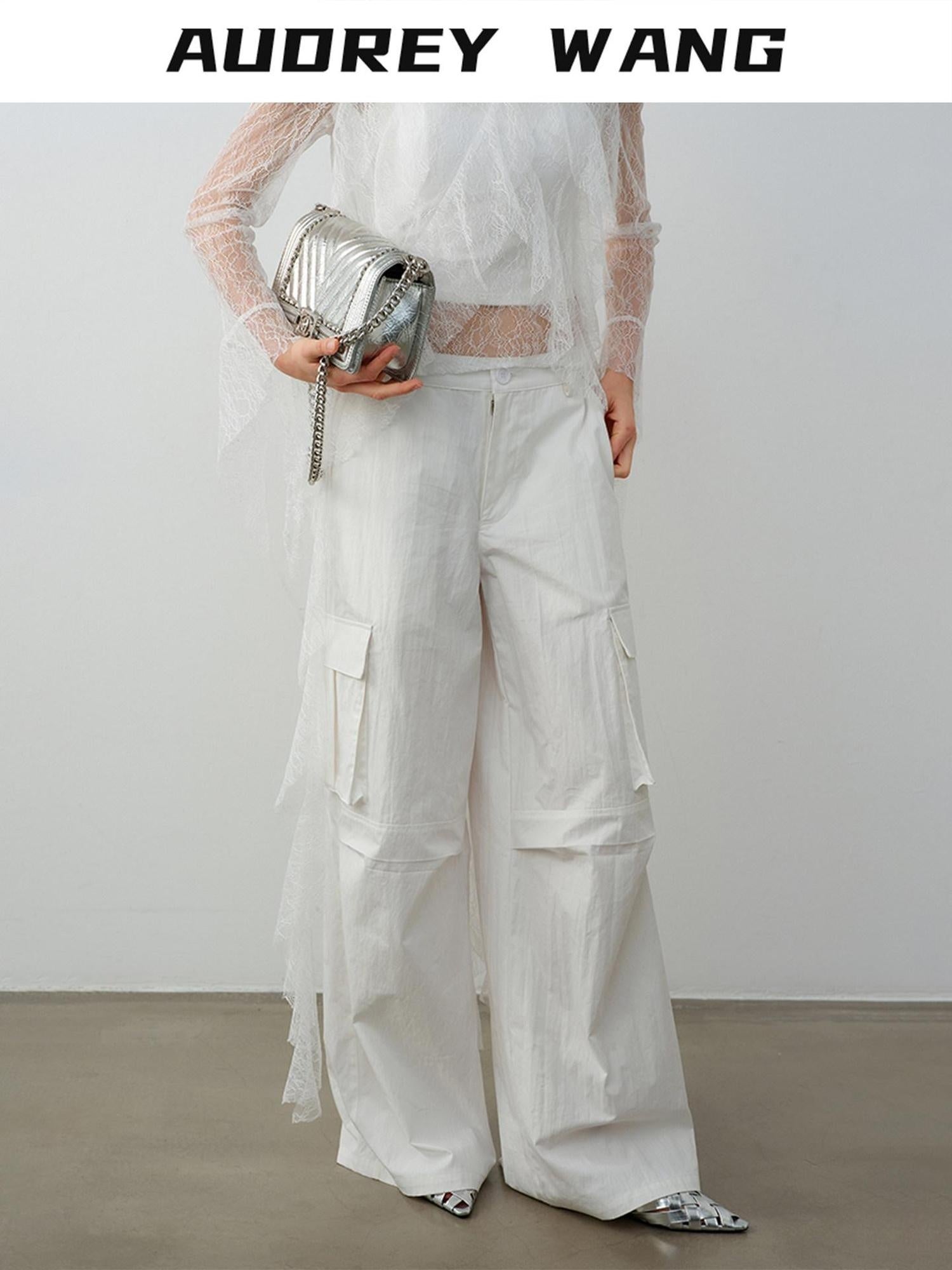 audreyyang Natural Waist Cotton Nylon Blend Loose Office Women White Straight Pants