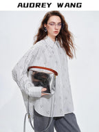 audreyyang Holds Shape Casual Loose Colorblock Striped Drop Shoulder Women Cotton Shirts