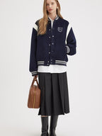 fano Embroidered Relaxed Fit Commuter Colorblock Crew Neck Women Bomber Jackets