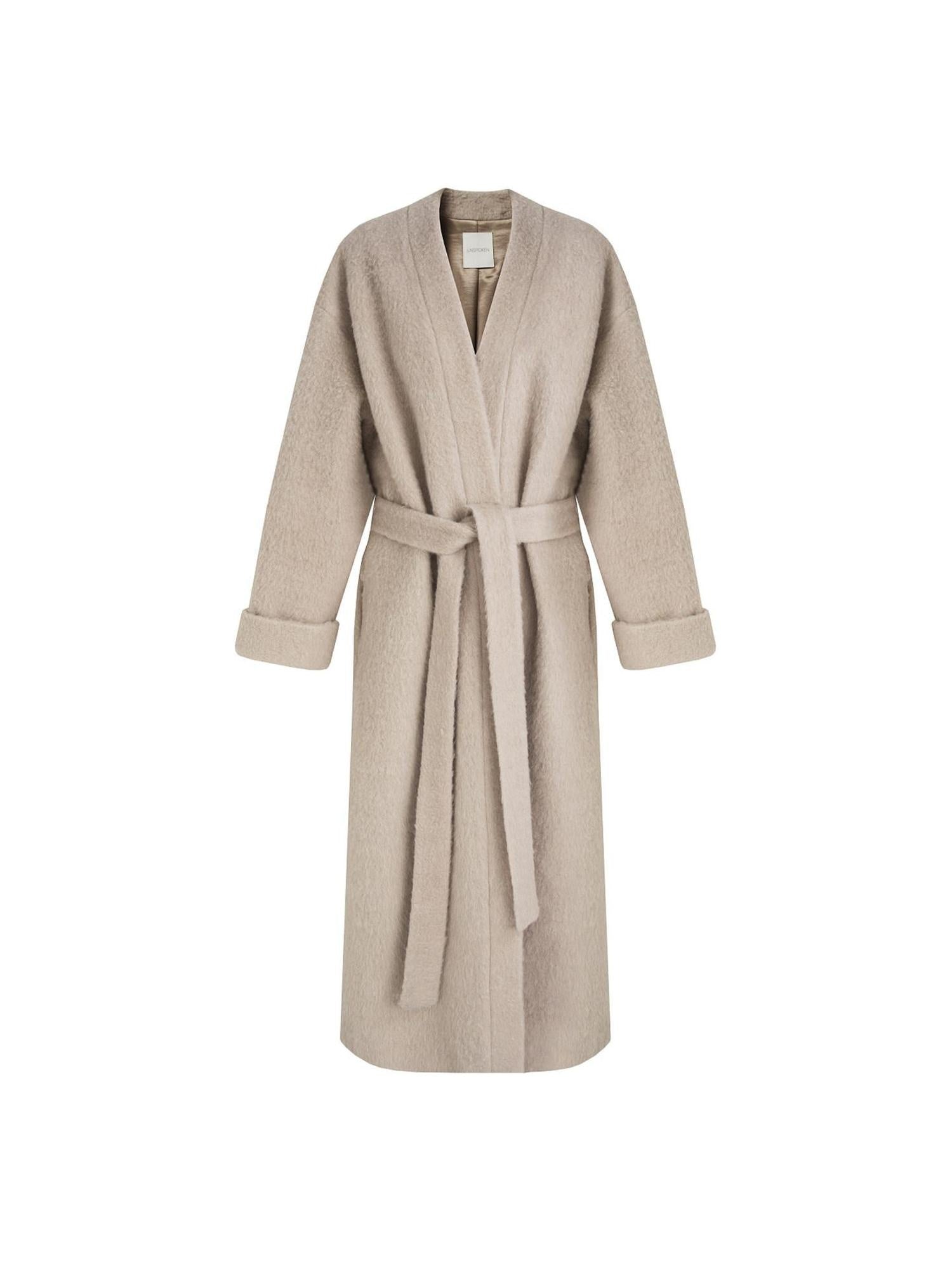 unspoken Cozy Sheepswool Belted Loose Fit Minimal Office V-neck Mid Length Wool Coats