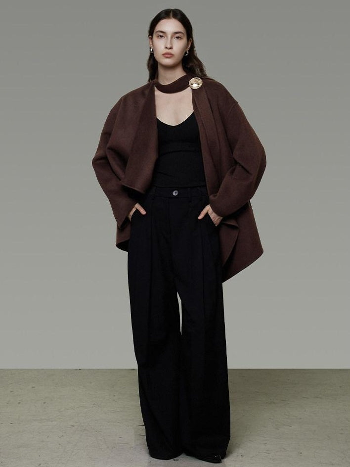 unspoken Pure Sheep Wool Lapel Collar Loose Fit 3D Cut Office Coffee Wool Coats