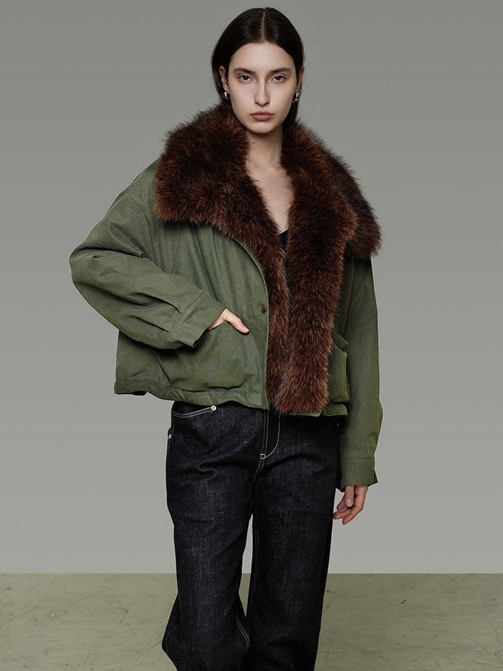 unspoken Fur Collar Short Single Breasted Office Olive Green Long Sleeve Cropped Jackets