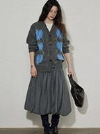 Lofi choose Cozy Wool Blend V-neck Button Front Relaxed Fit Heart Pattern Gray Cardigans