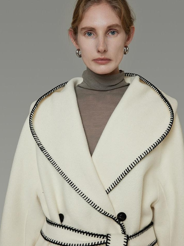 unspoken Thick Hooded Oversized Mid Length Tie Belt Minimalist Commuter White Wool Coats