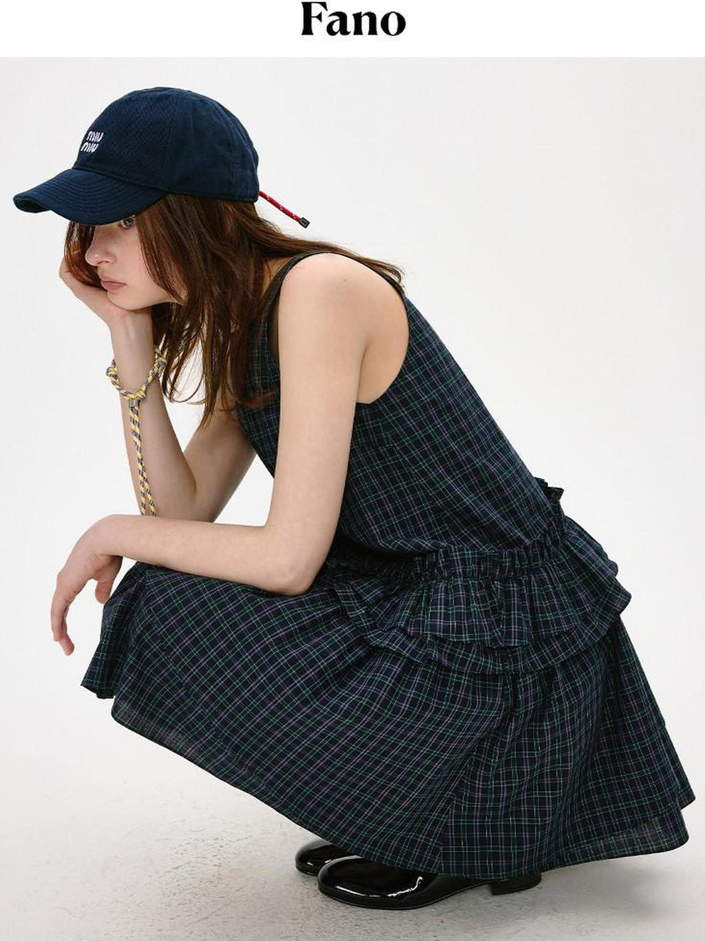 fano Cotton Sleeveless Korean Office A Line Plaid Natural Waist Midi Dresses
