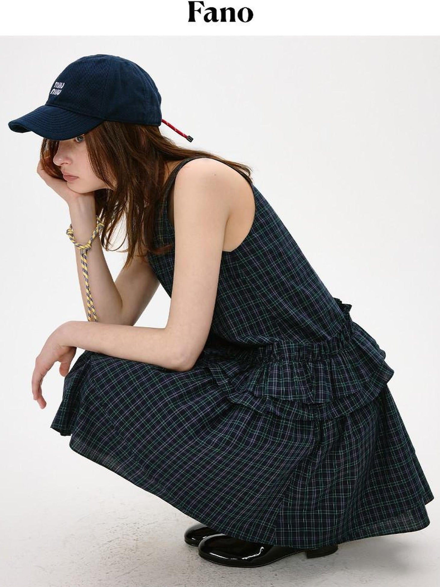 fano Cotton Sleeveless Korean Office A Line Plaid Natural Waist Midi Dresses
