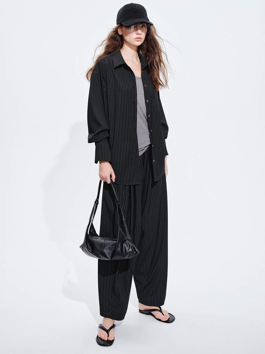 audreyyang Striped Relaxed Lapel Button Long Sleeve Casual Women Polyester Top & Pants Sets