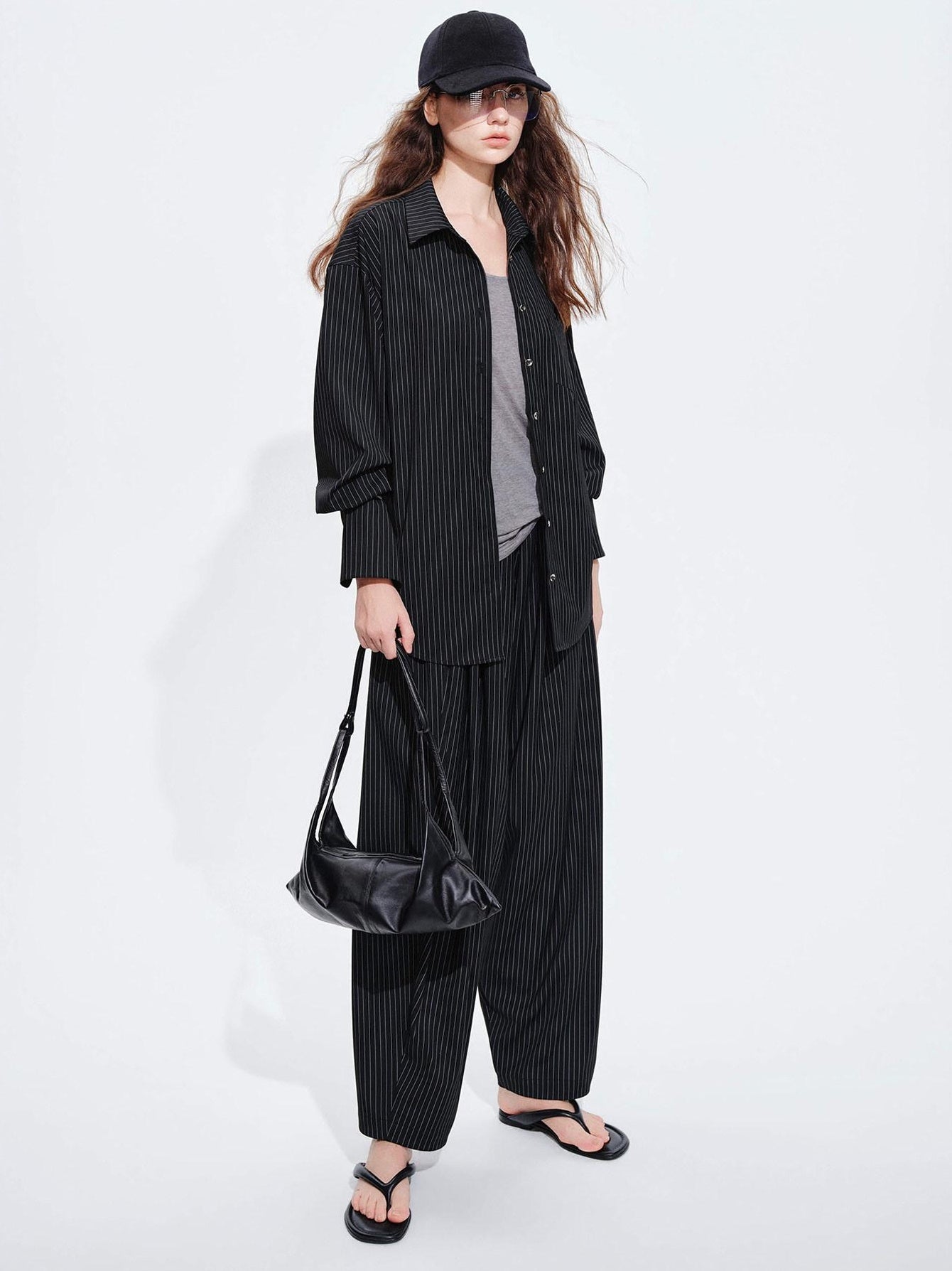 audreyyang Striped Relaxed Lapel Button Long Sleeve Casual Women Polyester Top & Pants Sets