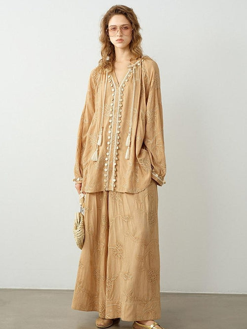 audreyyang Breathable Cotton Floral Natural Waist Office Khaki Wide Leg Pants