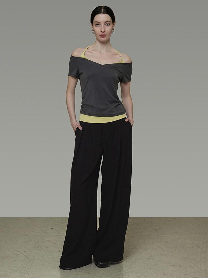 unspoken Moisture Wicking Lyocell Slim V-neck Patchwork Grey Green Halter Crop Tops