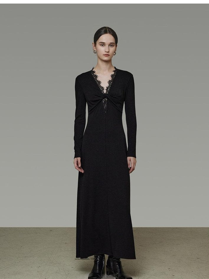 unspoken Lyocell Knit Lace Trim Fitted Waist Minimal Commuter V-neck Maxi Dresses