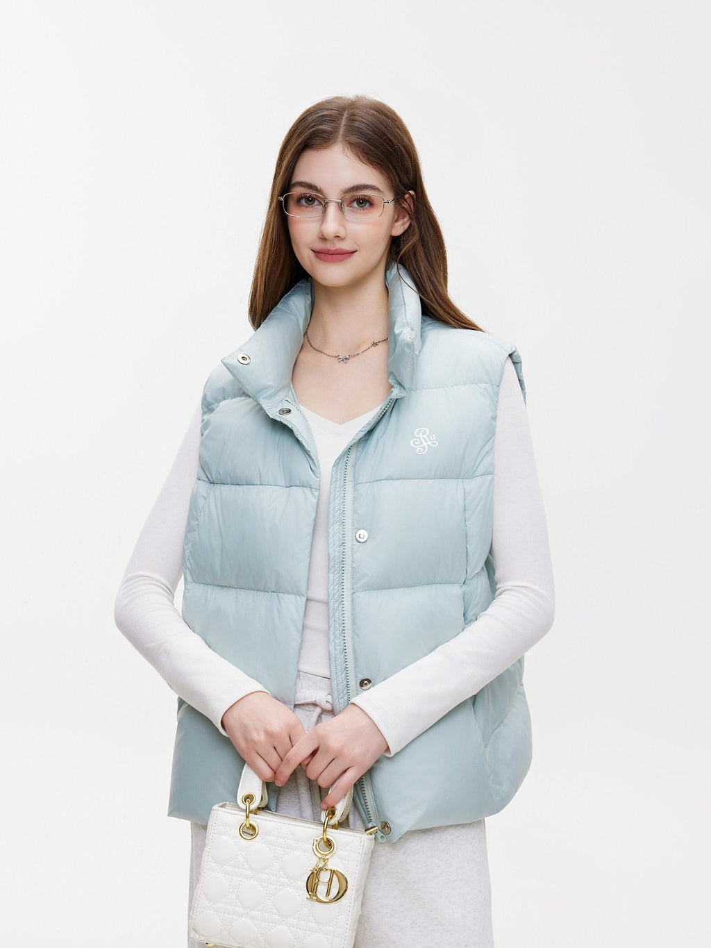 ikyou Warm Thick Sleeveless Stand Collar Straight Commuter Sky Blue Puffer Jackets