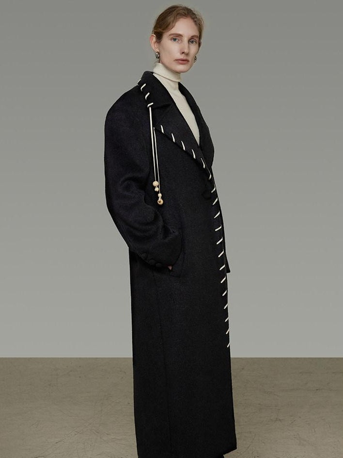 unspoken Sheep Wool Blend 3D Cut Straight Office Black Lapel Long Sleeve Long Coats