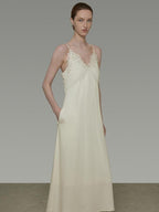 unspoken Embroidered Tencel A Line Cami V-neck Natural Waist Office White Maxi Dresses