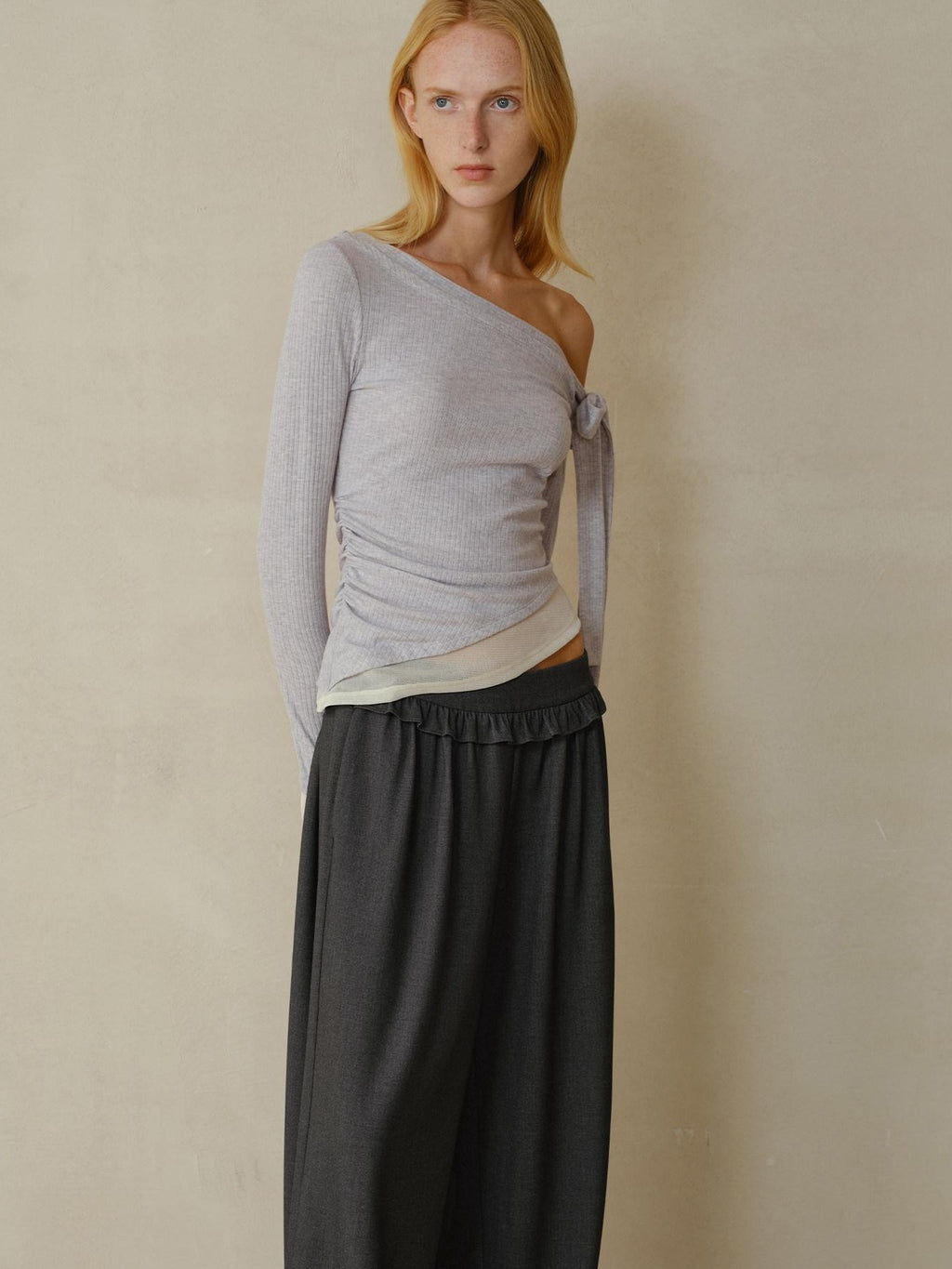 someonesometimes Soft Stretch Casual Ruffle Hem Women Heather Grey Viscose Blend Wide Leg Pants