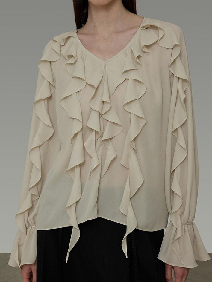 unspoken Breathable Soft Minimalist Commuter Loose Bell Sleeve V-neck Office Blouses