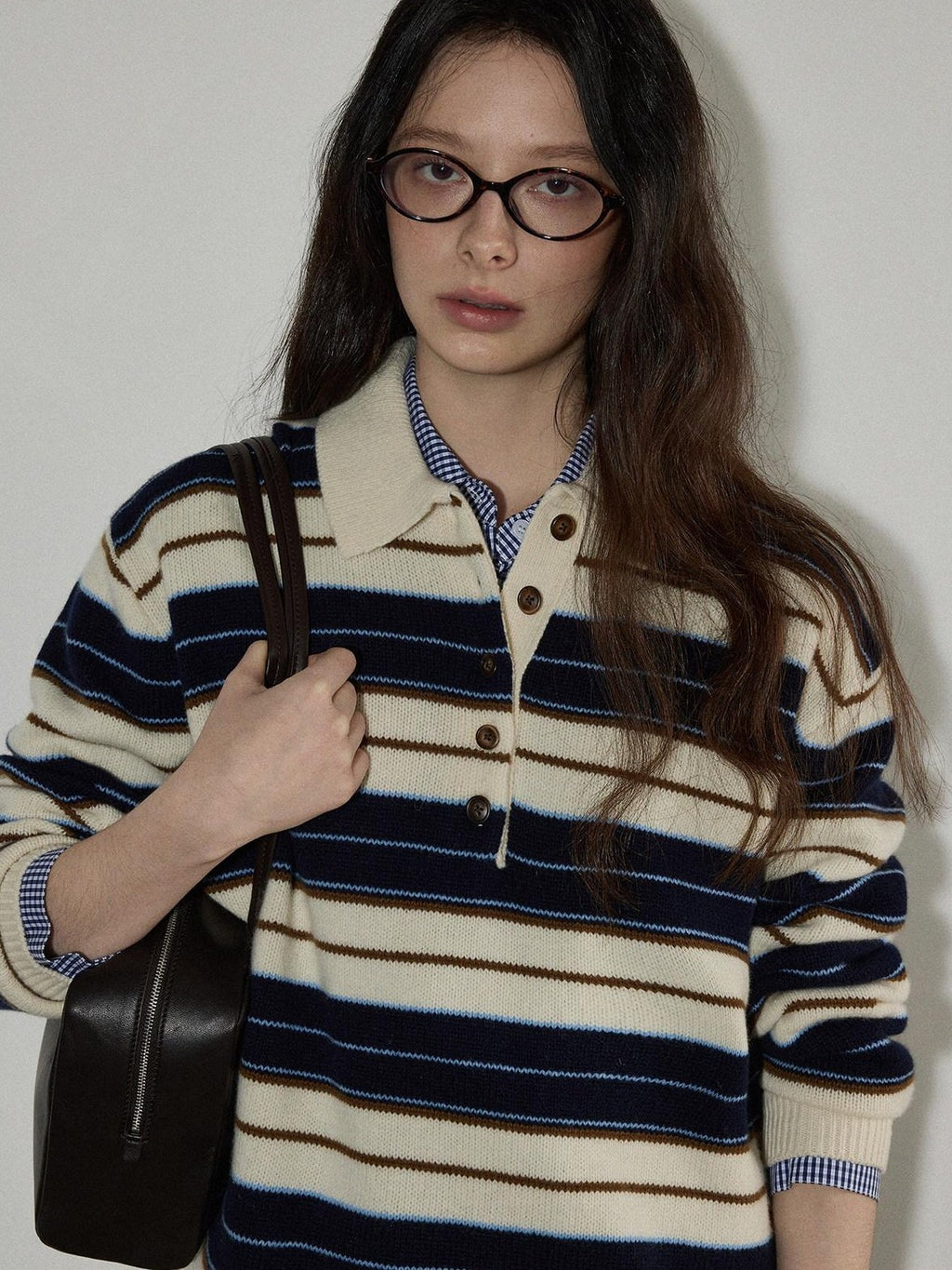 Lofi choose Contrast Polo Collar Striped Loose Office Knit Button Pullover Women Sweaters