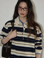 Lofi choose Contrast Polo Collar Striped Loose Office Knit Button Pullover Women Sweaters