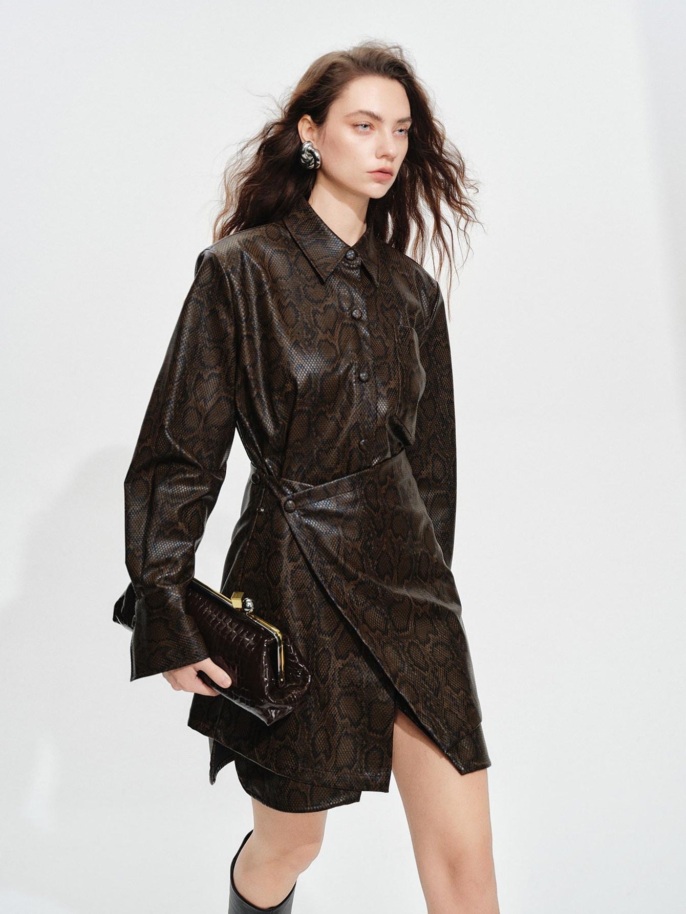 audreyyang Detachable Vintage Snake Print Pu Midlength Relaxed Womens Lapel Leather Jackets