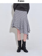 fano Plaid Asymmetric Hem Mid Waist Loose Casual Women Polyester Blend Midi Skirts