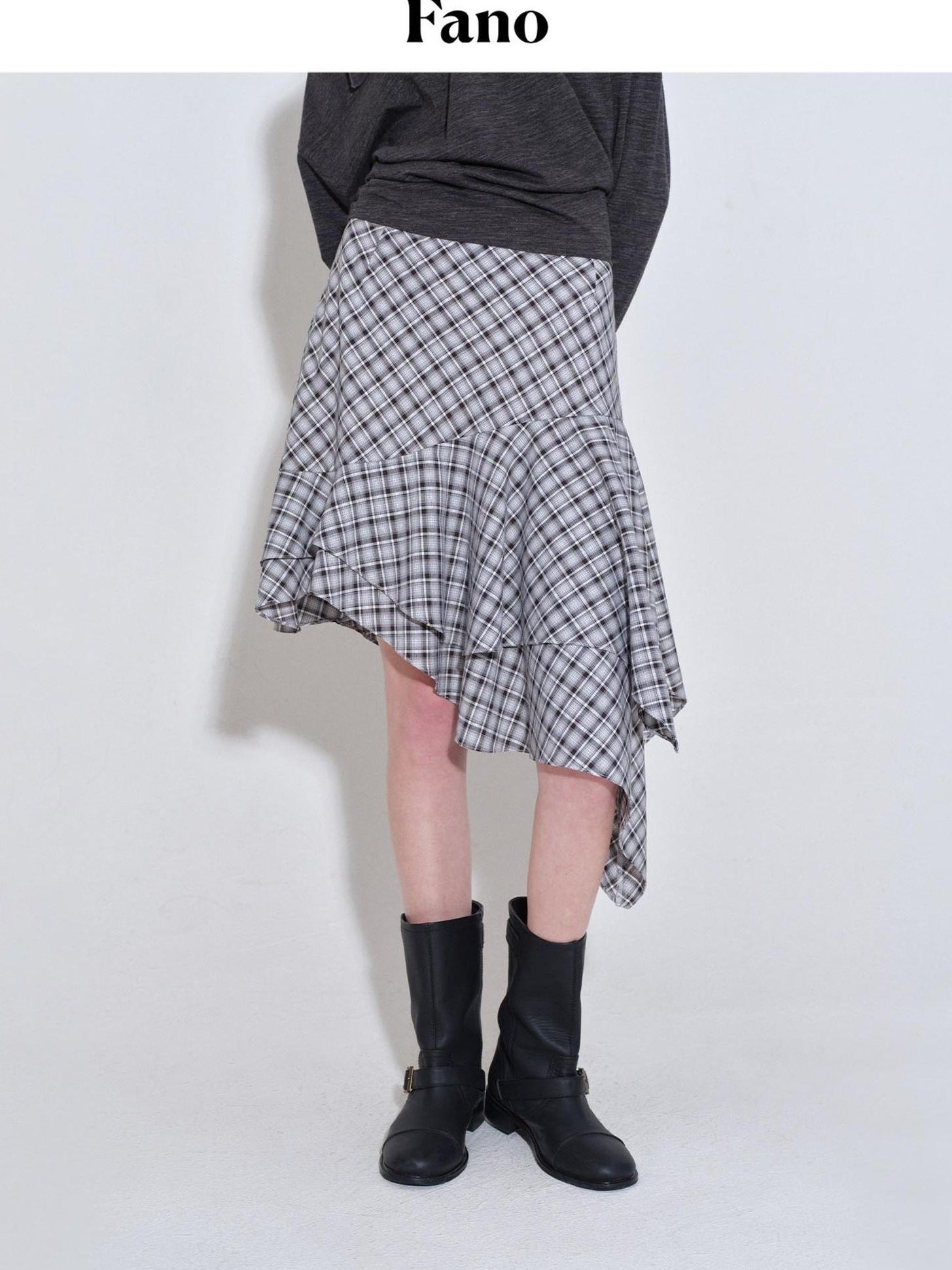 fano Plaid Asymmetric Hem Mid Waist Loose Casual Women Polyester Blend Midi Skirts