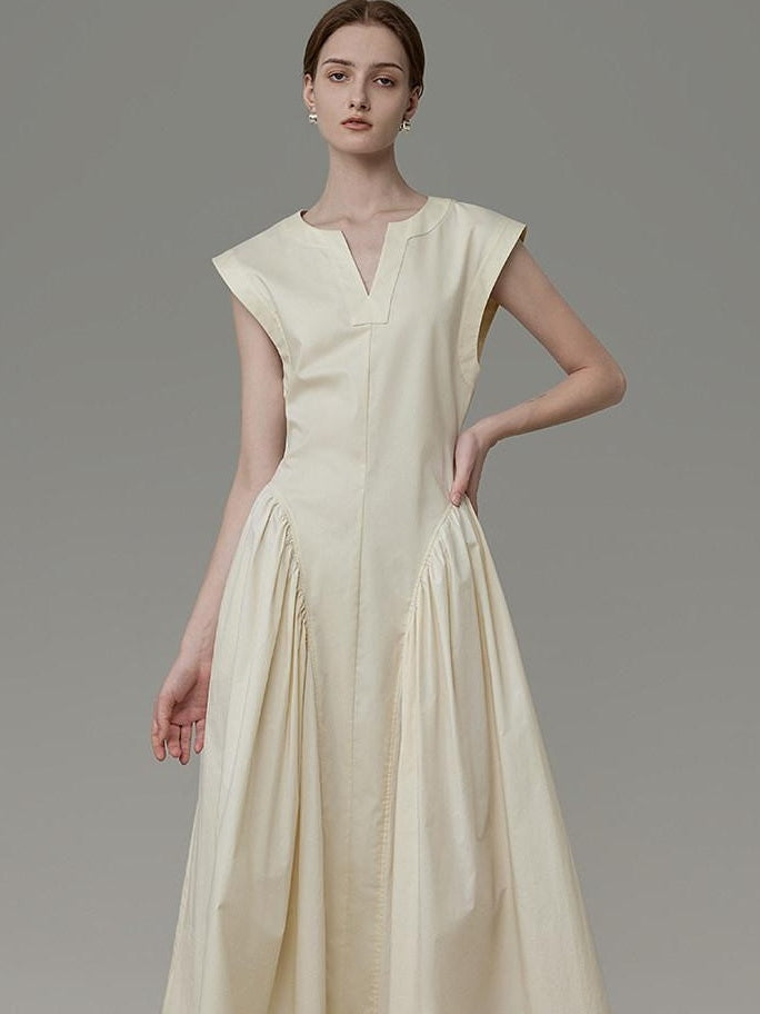 unspoken High Waist Colorblock V-neck Sleeveless Workwear A Line Cotton Maxi Dresses