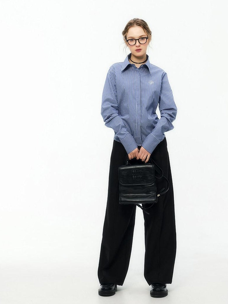 ikyou Embroidered Striped Slim Fit Commuter Long Sleeve Collared Cotton Shirts