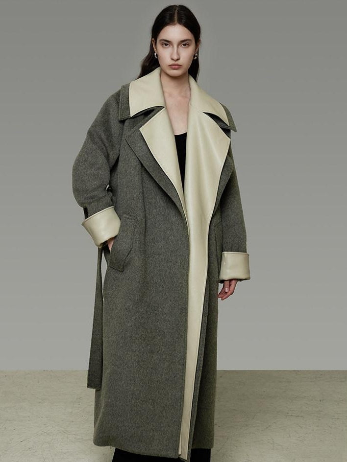 unspoken Minimal Commuter Oversized Long Notch Collar Olive Green Wool Blend Wool Coats