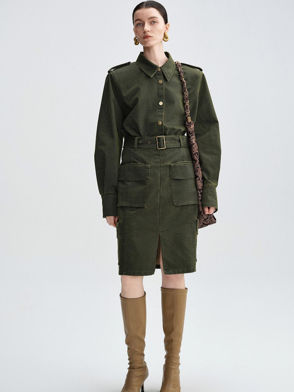 audreyyang Thick Cotton Cinched Waist Vintage Long Sleeve Army Green Top & Skirt Sets
