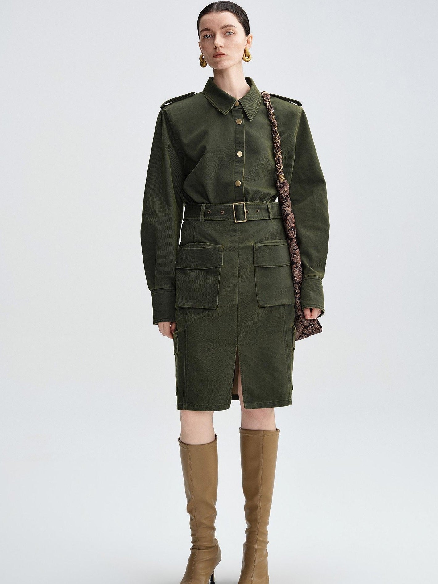 audreyyang Thick Cotton Cinched Waist Vintage Long Sleeve Army Green Top & Skirt Sets