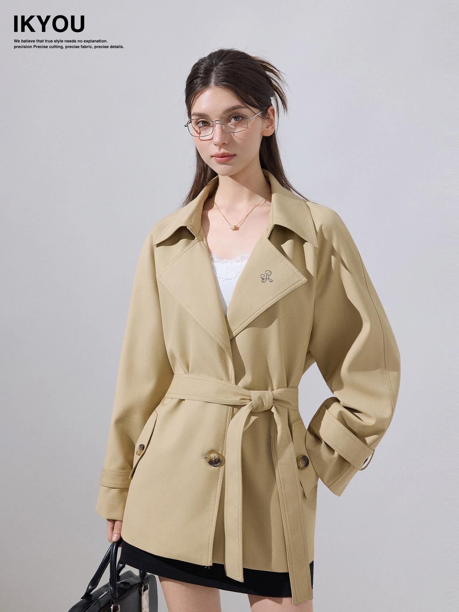 ikyou Lightweight Khaki High Waist Belted Artistic Lapel Women Trench Coats