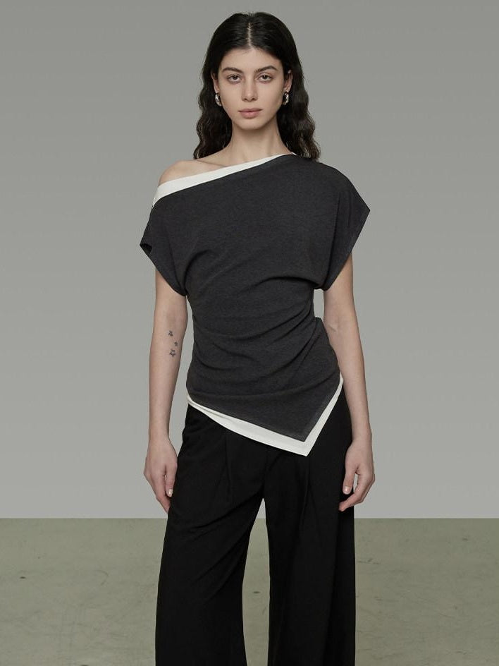 unspoken Viscose Knit Slim Minimal Women Colorblock Off Shoulder Crop Tops