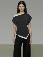 unspoken Viscose Knit Slim Minimal Women Colorblock Off Shoulder Crop Tops