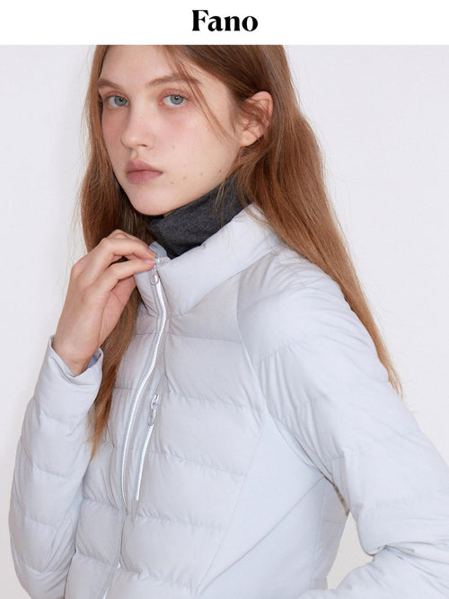 fano 90 Percent Goose Down Slim Stand Collar Zipper Women Light Gray Down Jackets